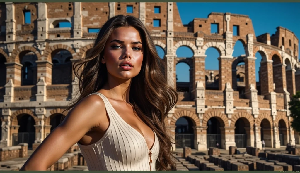 there is a woman in a bikini and coat posing for a picture, in a coliseum, ancient ruins behind her, rome backdrop, ruins in the background, roman goddess, at an ancient city, ancient ruins in the background, standing before ancient ruins, brown hair and a perfect body, sexy look at the camera, gorgeous young model, photorealistic perfect body