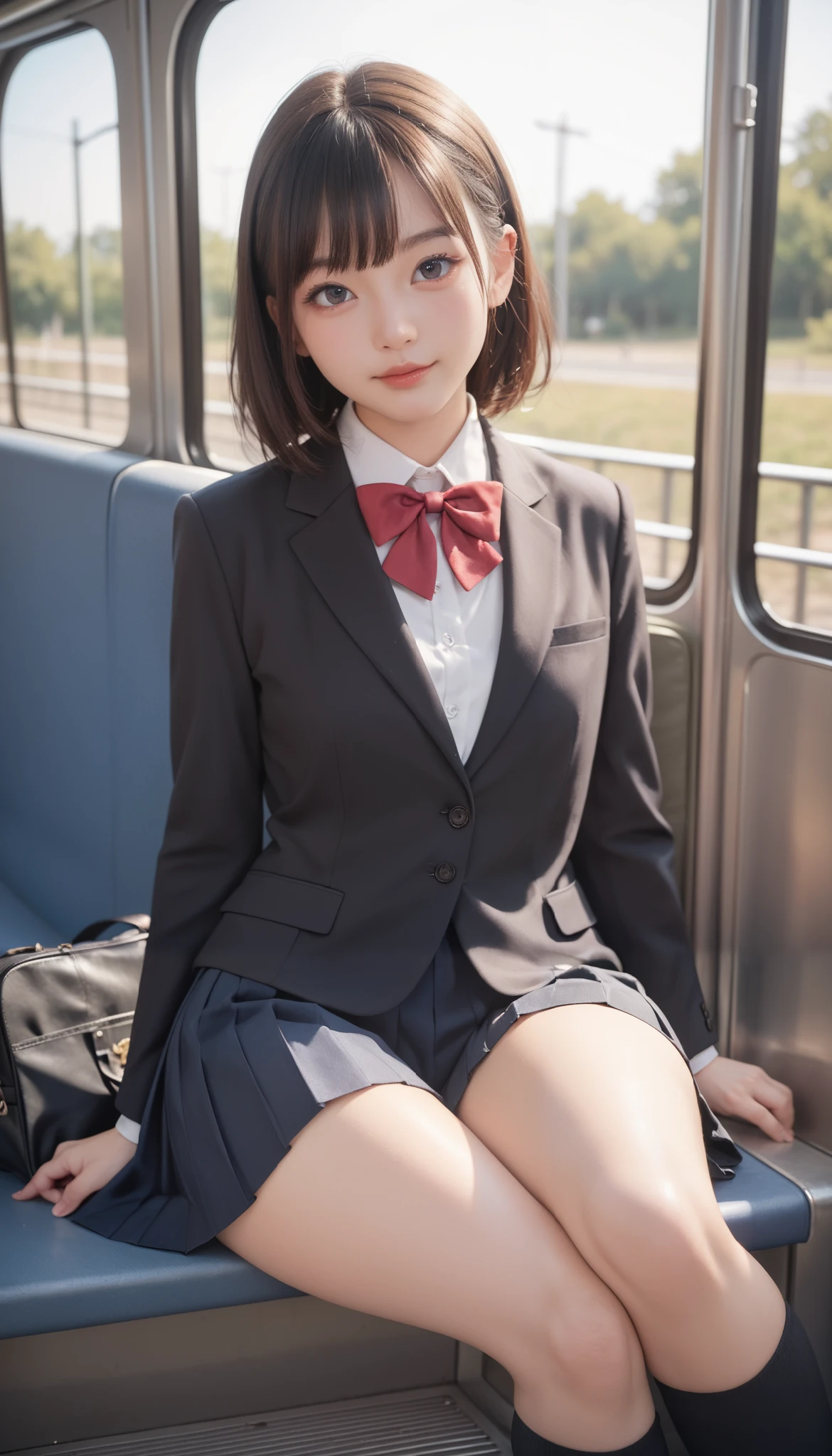 high resolution, 4K, solo, beautiful Japanese high school girl, detailed eyes, detailed cute face, puffy cheak , black blazer, white blouse, a red ribbon, pleated skirt, black sox, loafers, brown hair, middle breast, sitting on train seat, (wide hip:1.4), detailed glossy (thick thigh:1.3), focused on skirt, panties (slightly:1.5) visible, both hands on skirt, (from front:1.2), school bag on train seat, by fisheye, perfect lighting, perfect brightness,