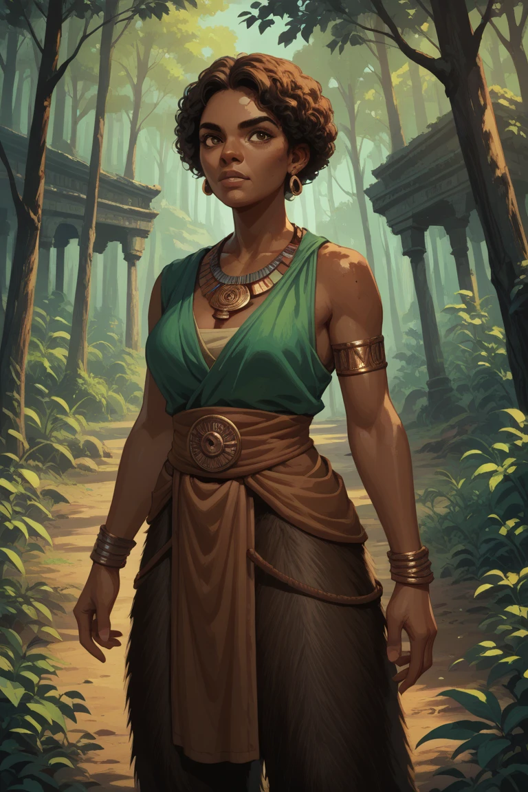 Female satyr , forest,  ancient Greece, African skin,  short brown hair 