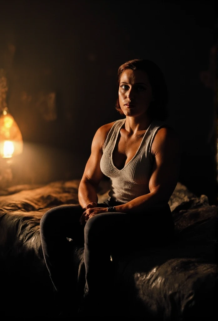 Photo realistic, movie still, Dana Scully muscle girl, MuscleMommy, sitting on bed, wearing a black formal skirt. Her white shirt is opened revealing her (6 pack abs) and cleavage, in a decaying motel room, very dark lighting, only light source is a small bedside lamp, highlighting her (visible muscles), (biceps )and 6 pack (abs), delts/shoulders