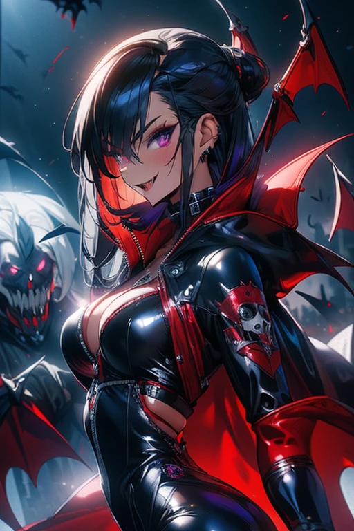 Sexy vampire woman, (( looking at viewer  )), Vampire fangs ,  red latex jumpsuit dress , black latex cape , Slim body, by the blue corto con flequillo ( by the blue), (blows), (  purple eyes), bones and skulls . calaveras, Dark atmosphere, Gothic, Intriguing.  skull background  , fog, blood, ruin