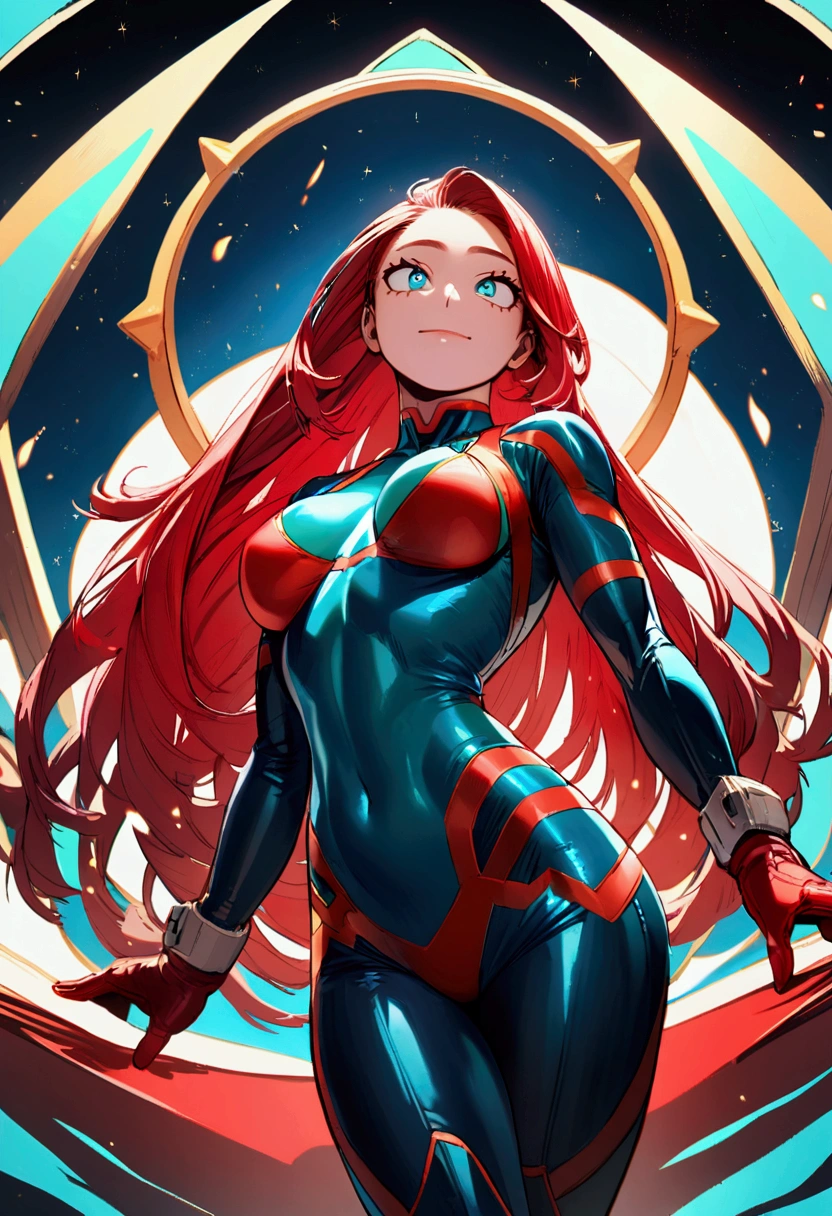 (((full body photo))) masterpiece, official art, best quality , extremely detailed, dskheroes, 1girl, solo, long hair, blue eyes, medium breasts, very long hair, headband, two tone hair, red hair, orange hair, bodysuit, makeup, blue and yellow bodysuit,