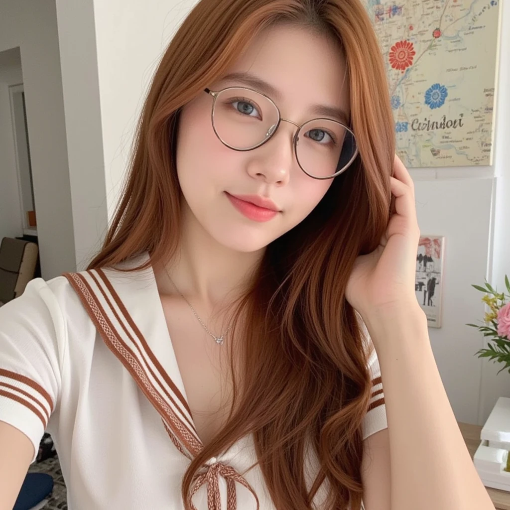 ,  Taking Selfies on Instagram ,  asian woman, ,  Gentle Smile with Slightly Open Mouth , long reddish brown hair,I wear BP-3258 glasses from BCPC,  White Cropped Top 、 Nautical Style ,Natural Face ,  blue-white skin, 