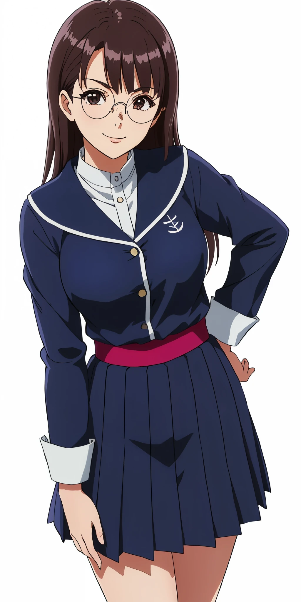 Young woman drawn in 80’s anime art style. 
Retro anime. Vintage Anime. Classical Anime. 
Black Dark Brown HAIR
Pompadour Hair
(Round Glasses)
(Round and Circle eyes)
(Light Brown eyes)
(Medium Sized Eyebrows)
(Freckles on Cheek)
(Light Tan Woman)
(Medium Breast)
Seductive Smile

She is wearing a sailor fuku (セーラー服, sērā fuku, sailor outfit) is a common japanese style of uniform worn by women, traditionally by high school female students. 

The uniform generally consists of a sailor-styled blouse attached with a (Navy blue sailor-style collar) and a Dark Navy Blue Sailor Blouse. The length of the long skirt goes down past her ankle.

A ribbon is tied in the front and laced through a loop attached to the sailor blouse. The color is the ribbon is red.

(Dark Navy Blue Sailor Shirt)
(Dark Navy Pleated Skirt)

(Solo)
(High School)