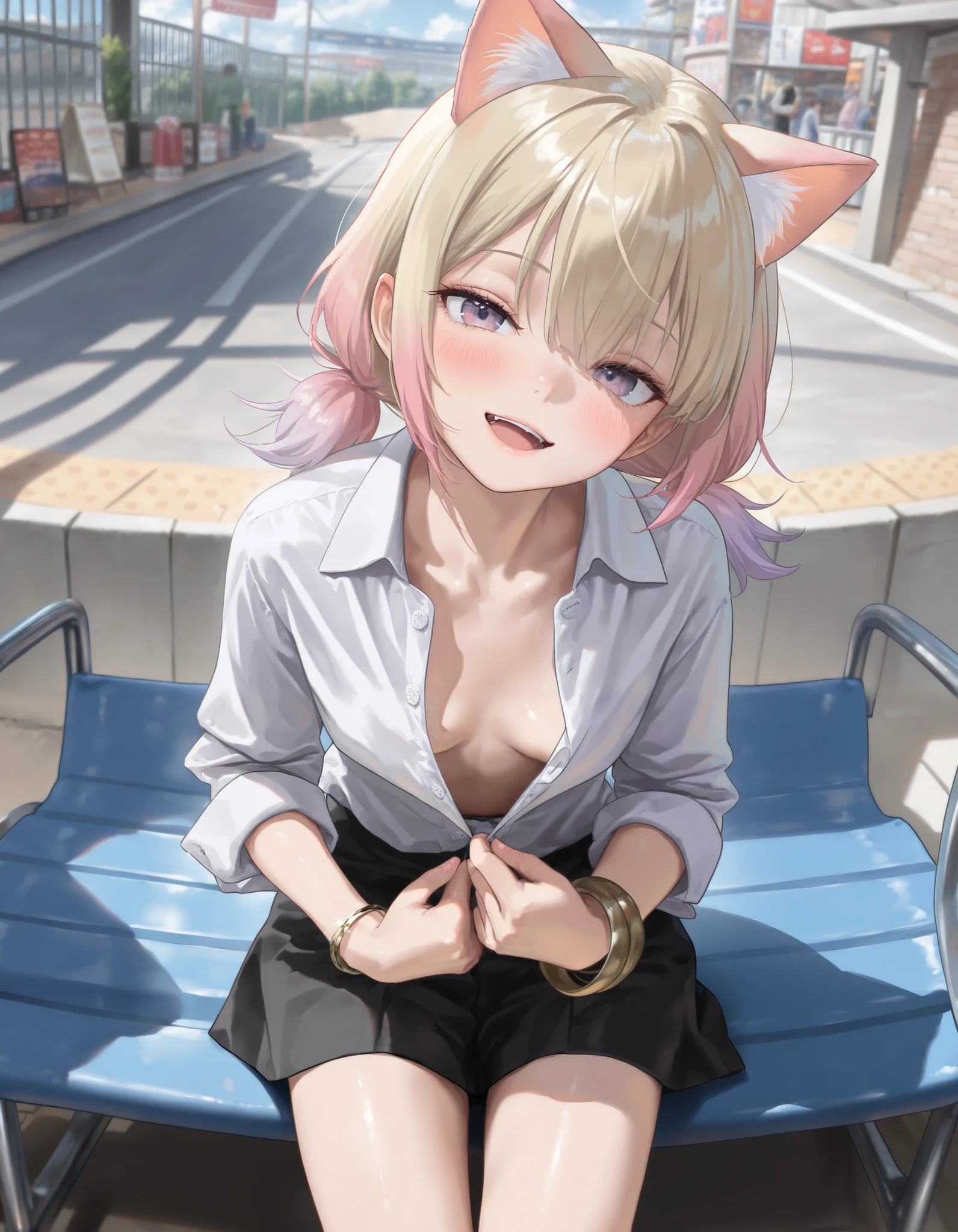 ((Masterpiece)), ((best quality)), (8K), (wide shot), (detailed background:1.2), (super detail:1.2),(High Definition:1.3), (Professional Photography:1.2), (very aesthetic:1.2), (absurdres:1.2), (sharp focus), ((1girl)), Cute teenage Girl, (Textured skin), (Realistic skin), (blonde hair, gradient hair, Pastel colors Hair Tip, low pigtails), (loose long bangs), Beautiful collarbone, (Healthy Gaunt body), seductive smile, open mouth, blush, (Cat ears), BREAK, (oversized collared shirt), (partially unbuttoned, slightly exposed small breast), heavy bangle, (pale purple eyes, gradient eyes, upturned eyes), (cute cheeks), glossy lips, (lower eyelashes), loose Leaning against the High-rise apartment rooftop, V over head,