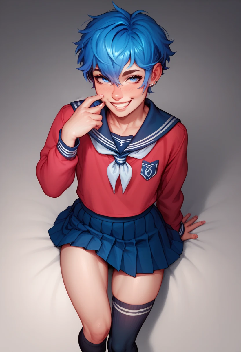  Handsome  old boy
Effeminate
Blue eyes
Short messy blue hair with black gradient, wearing a pink female Japanese school uniform,  thigh-length socks with blue and white stripes ,  thin and delicate body ,  looking at the spectator , submissive gaze, femboy, femboy, slight smile