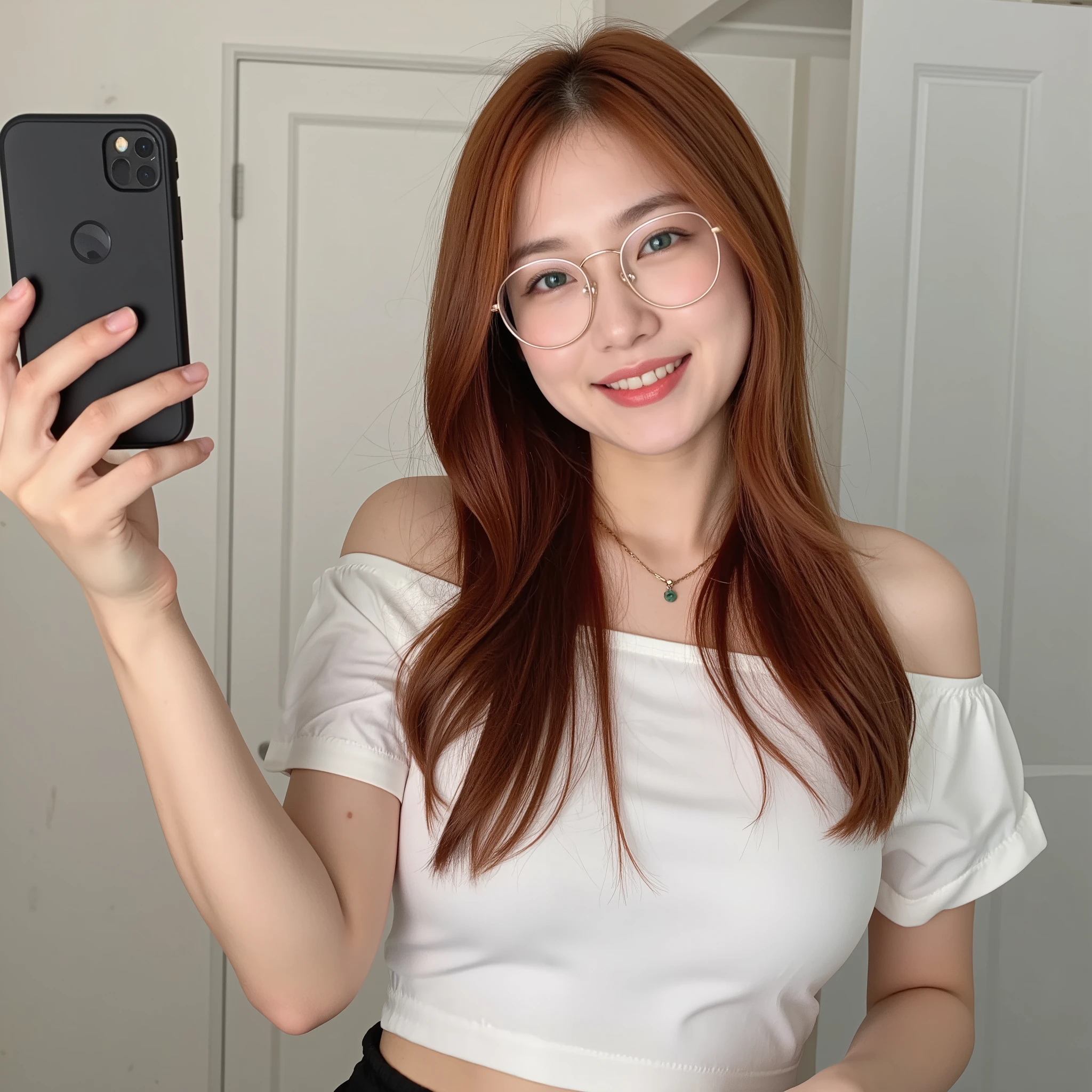 ,  Taking Selfies on Instagram ,  asian woman, ,  Gentle Smile with Slightly Open Mouth , long reddish brown hair,I wear BP-3258 glasses from BCPC,  White Cropped Top 、 Nautical Style ,Natural Face ,  blue-white skin, 