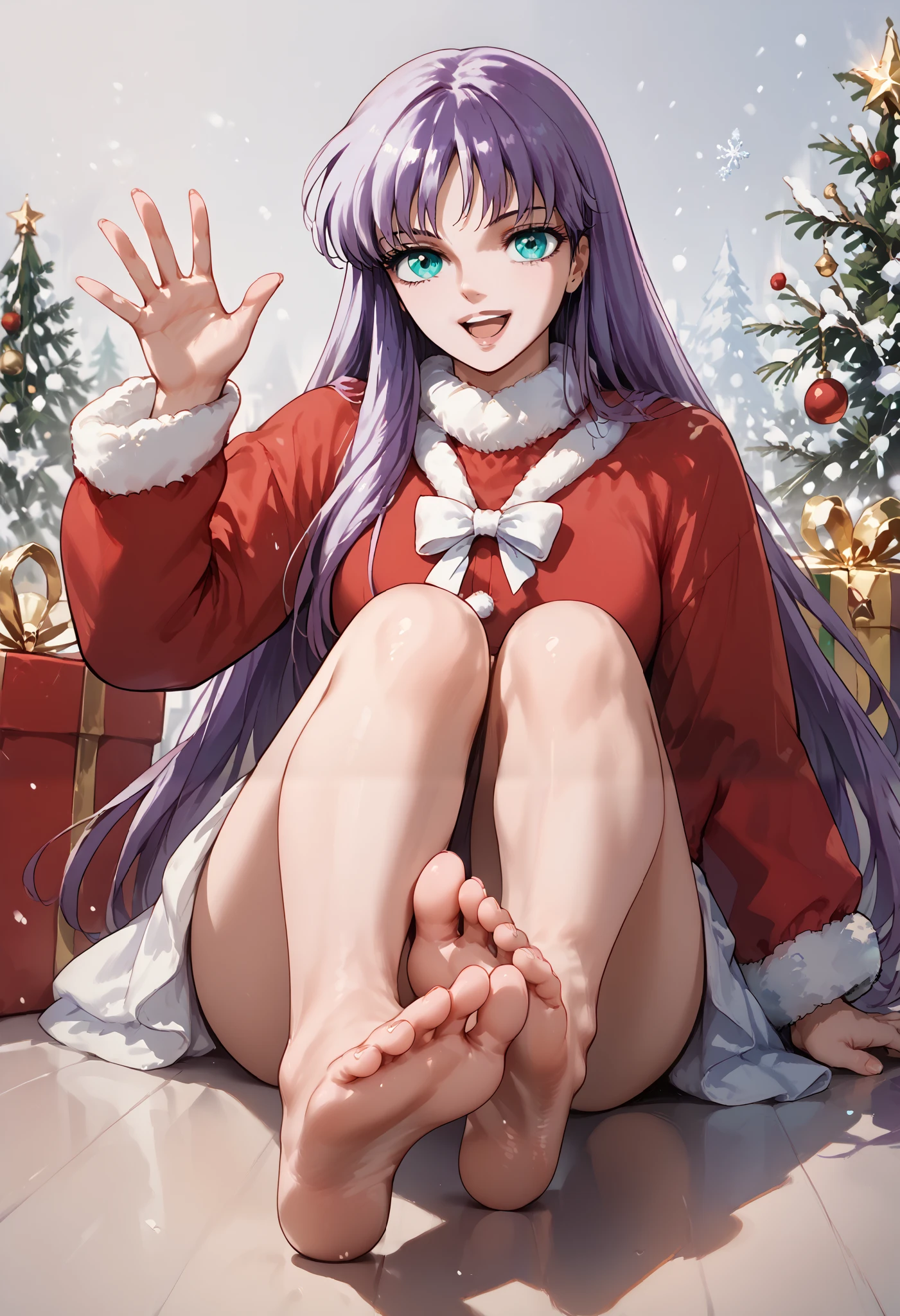 Score_9, Score_8_up, Score_7_up, Score_6_up, source_anime, 1girl, solo, athenakido, purple hair, long hair, aqua eyes, bangs, santa clothes, barefoot, foot, toes, each foot has five toes, soles, smile, waving to the viewer, open mouth