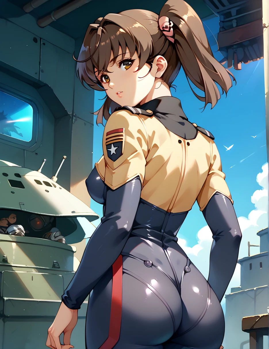 Misaki Yuria  |  Space Battleship Yamato 2199  、  standing with different breasts  、  Twin Tails 、  bodysuit  、Brown Hair , Growing your hair ,  Twin Tails ,  brown eyes、 from behind