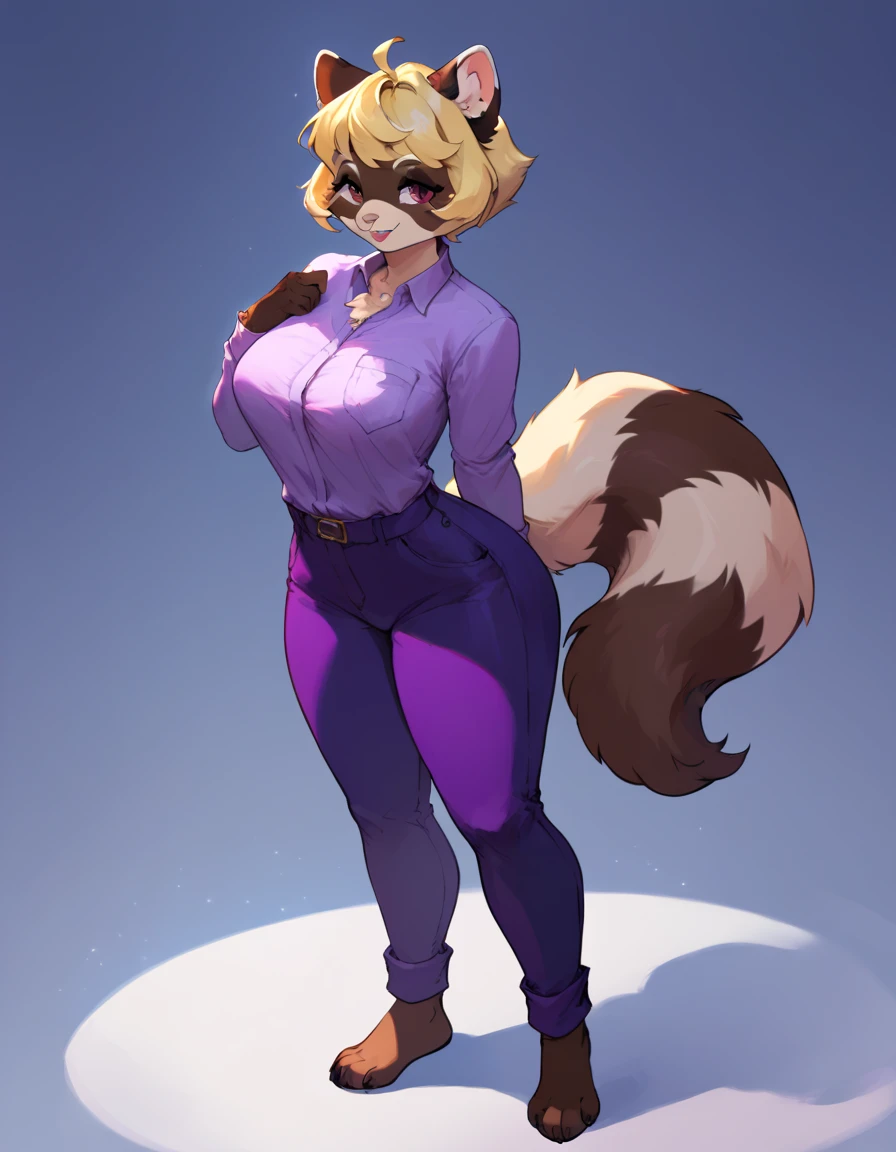 best quality,
masterpiece,
3D anime,
(((solo))),
(((1girl))),
(((Face is JudyHopps))),
(long ears like a rabbit:0.8),
Heir is in a ((ponytail)) style,
see-through bangs,
wispy bangs,
((Her eyes color is purple)),
6.5 head and body,
office suit,
office business suit outfit
 office lady,
 (((white blouse unbuttoned))),
Navel exposed,
(outfit is made of wool:1.4),
(body is made of wool fabric),
(body is gray with fluffy and fluffy),
((skin is wool fabric with fluffy and fluffy)),
((She is blushing in the cheeks)),
((clavicle is emphasized)),
take off jacket, 
((looks like crying))