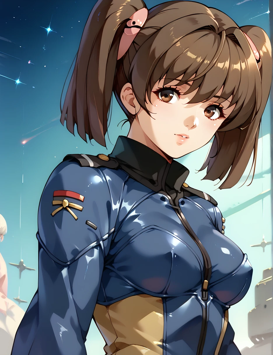 Misaki Yuria  |  Space Battleship Yamato 2199  、  standing with different breasts  、  Twin Tails 、  bodysuit  、Brown Hair , Growing your hair ,  Twin Tails ,  brown eyes、back