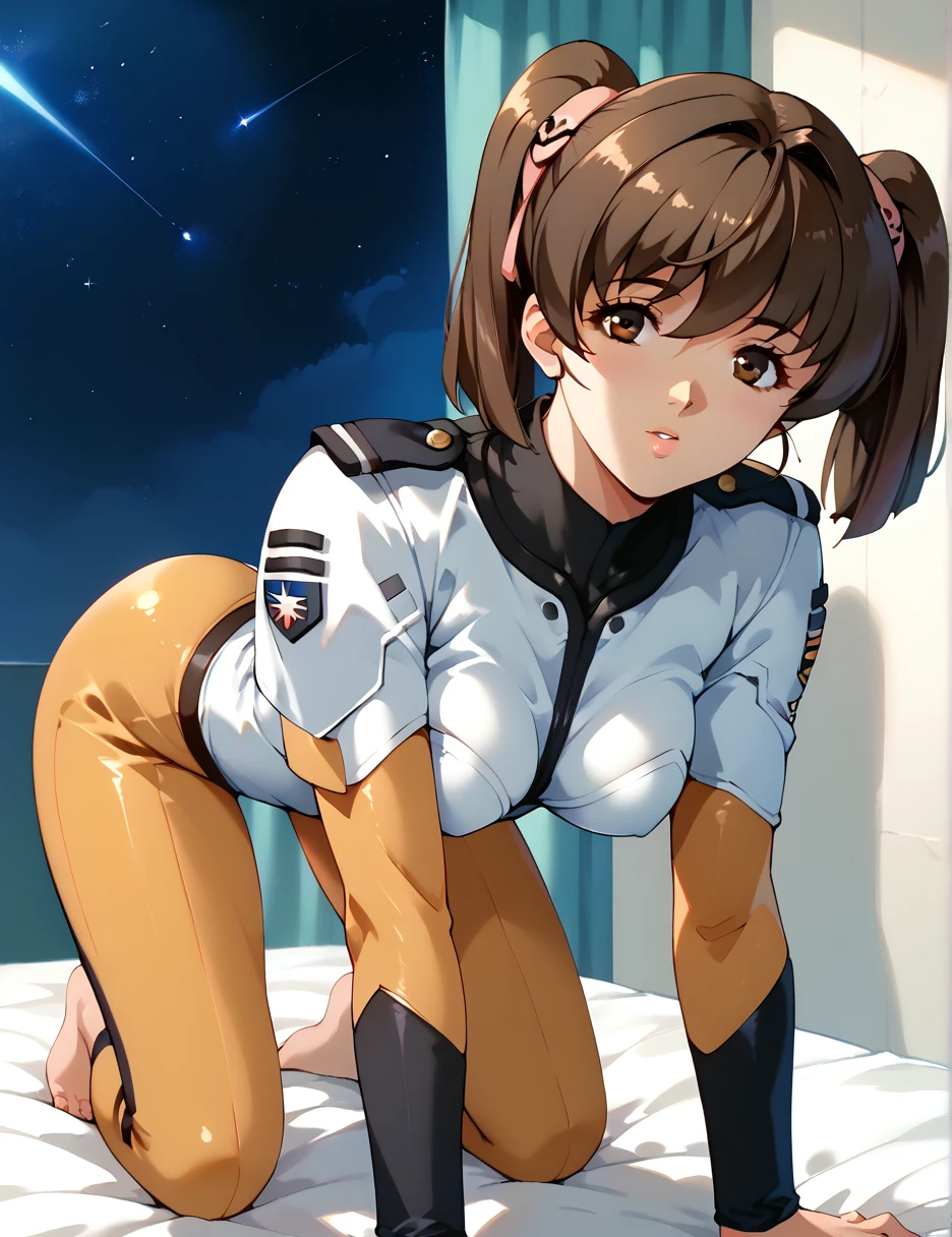 Misaki Yuria  |  Space Battleship Yamato 2199  、  standing with different breasts  、  Twin Tails 、  bodysuit  、Brown Hair , Growing your hair ,  Twin Tails ,  brown eyes、 on all fours 