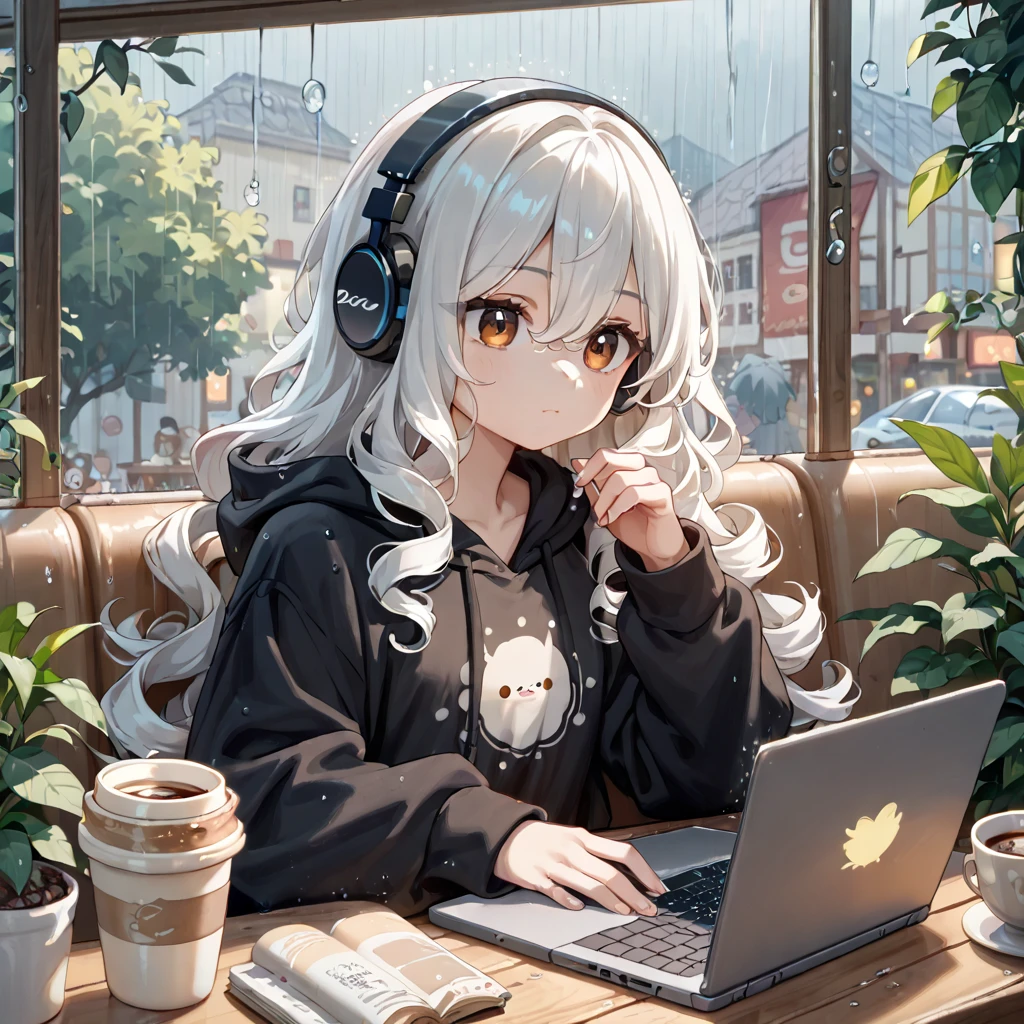 The most beautiful girl ever、 chibi, Cafe、 headphones、rain、white hair, Long Hair, High Resolution, High Resolution, High Details, brown eyes, curly hair, coffee, oversized hoodie, laptop, 