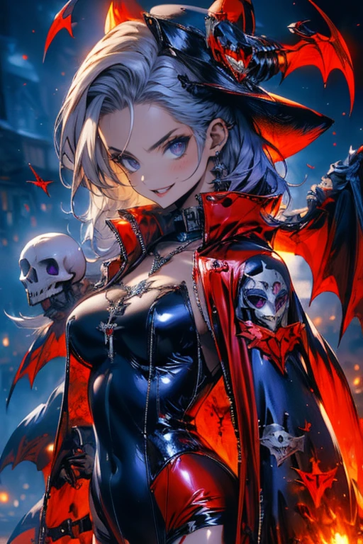 Sexy vampire woman, (( looking at viewer  )), Vampire fangs ,  red latex jumpsuit dress , black latex cape , Slim body, by the blue corto con flequillo ( by the blue), (blows), (  purple eyes), bones and skulls . calaveras, Dark atmosphere, Gothic, Intriguing.  skull background  , fog, blood, ruin