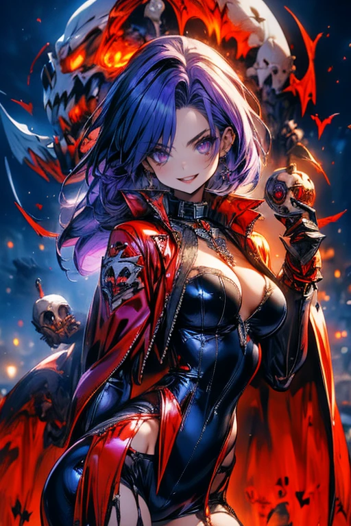 Sexy vampire woman, (( looking at viewer  )), Vampire fangs ,  red latex jumpsuit dress , black latex cape , Slim body, by the blue corto con flequillo ( by the blue), (blows), (  purple eyes), bones and skulls . calaveras, Dark atmosphere, Gothic, Intriguing.  skull background  , fog, blood, ruin