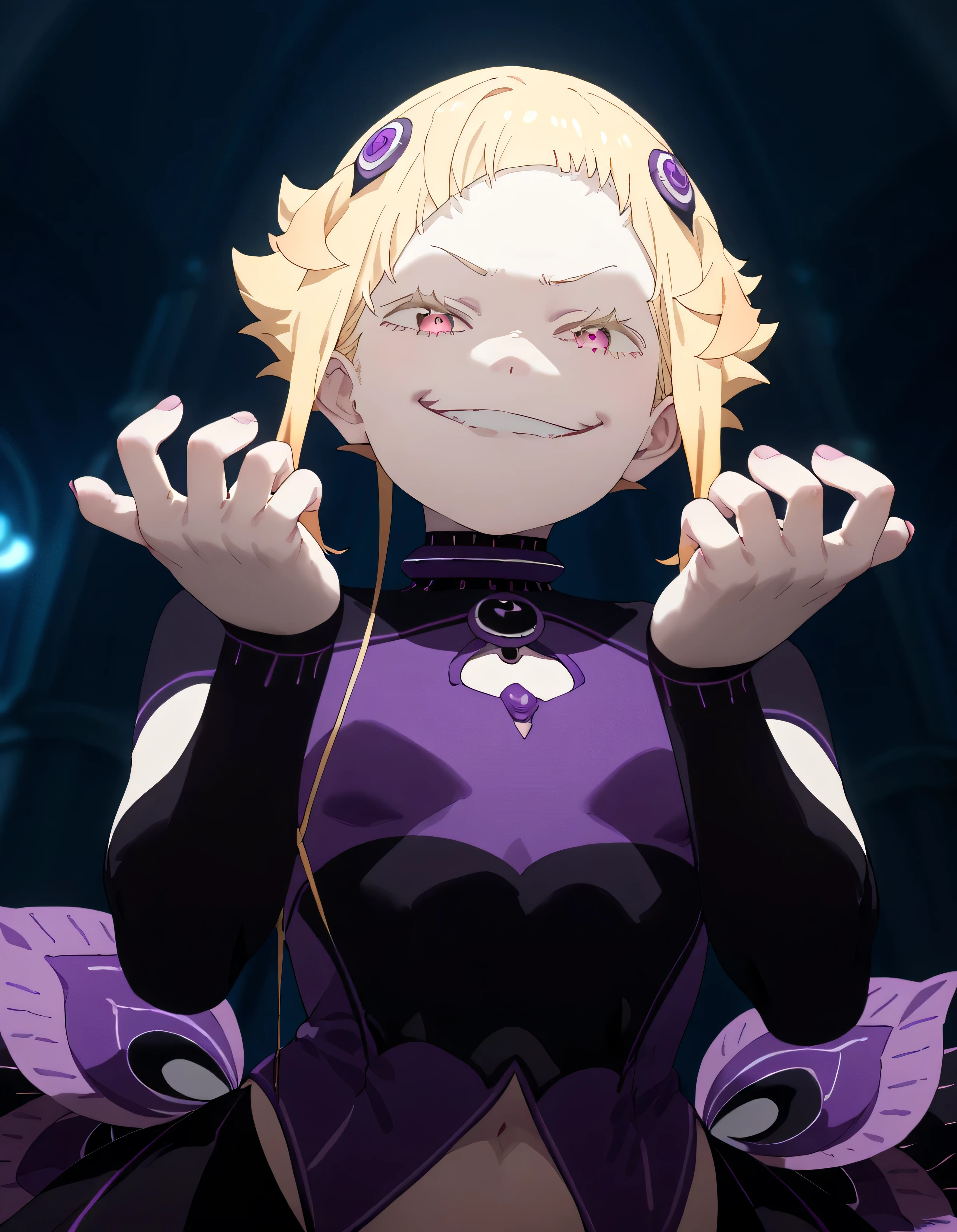 1girl, blonde hair,masterpiece , best quality,  , lookin under, ,, smile, purple brassiere, from below,evil smirk, small girl,small loli,beautiful body,beautiful fingers,two hands,villain pose,