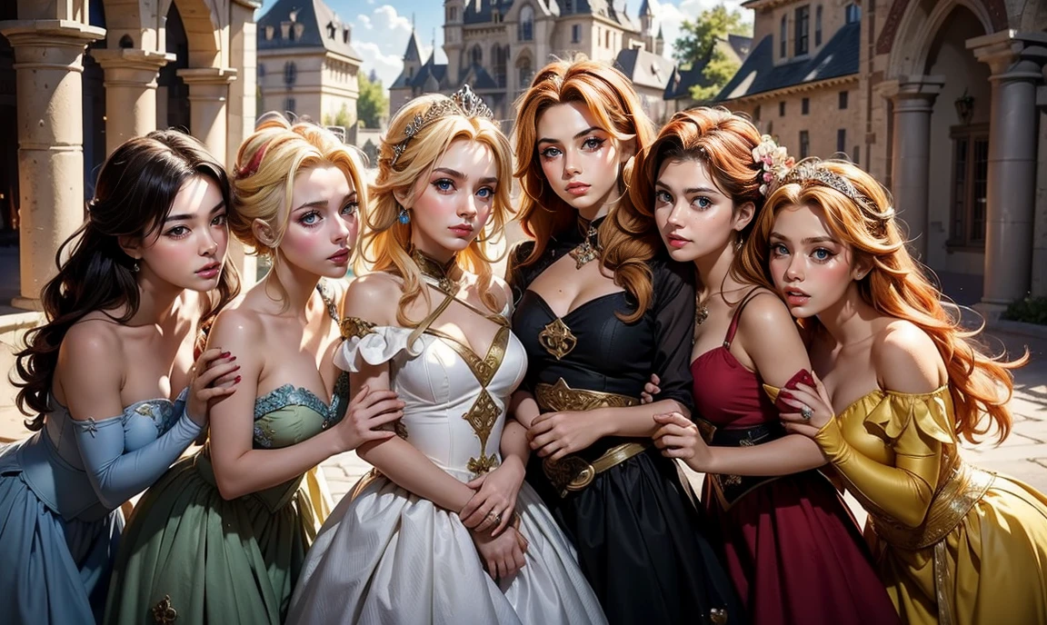 fantasy setting. close up. standing bunched in together. ((2 unique lovely princesses:1.5)), unique personalities, ((each with a unique expression on face:1.5)), (((each with a unique natural hair colored:1.5))), ((red hair)), ((blond hair)), ((black hair)), (((each with unique natural eye color:1.5))), wearing elaborate tasteful flowing floral gowns, ((looking straight at the camera:1.5)), pretty castle ruins background.
