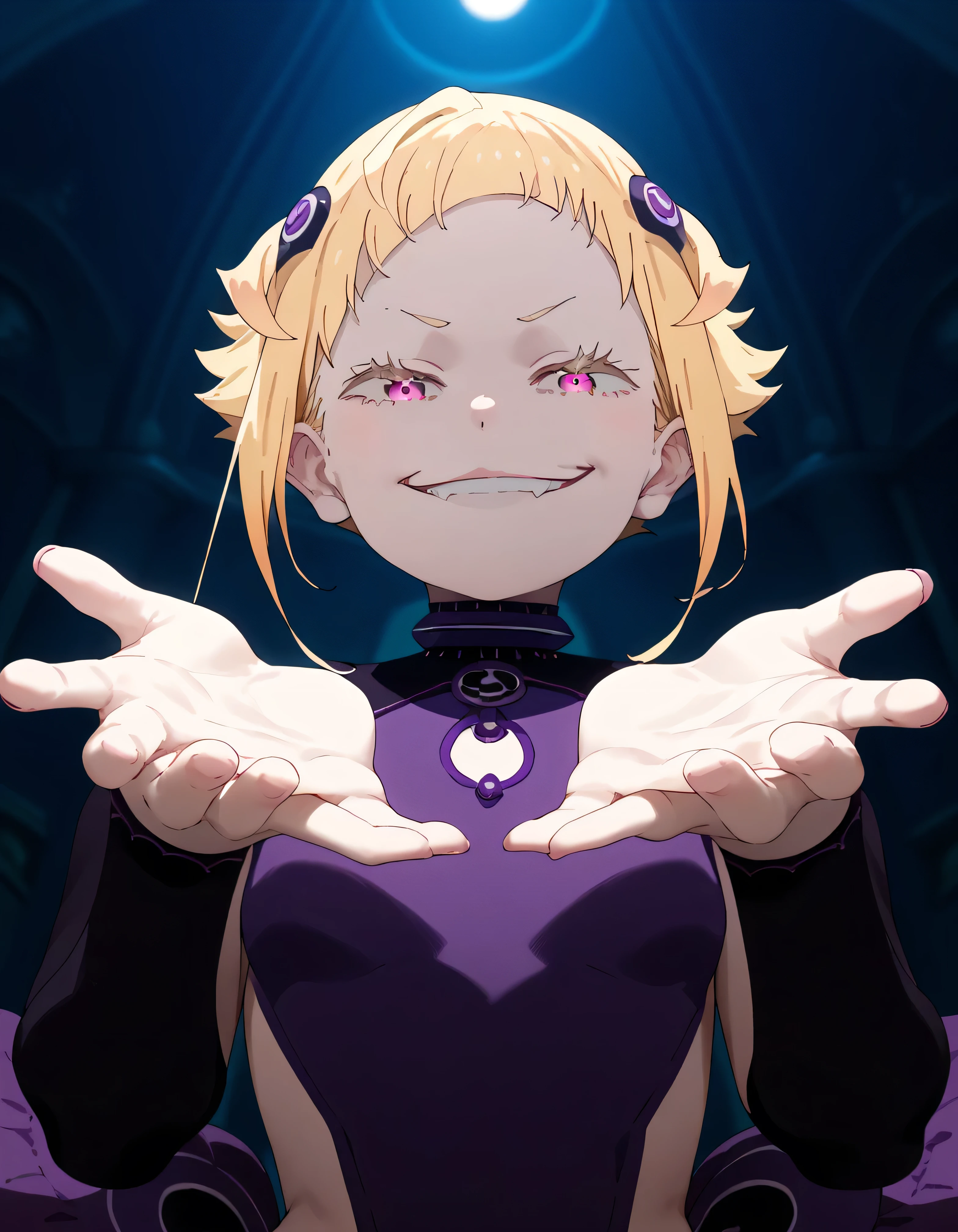 1girl, blonde hair,masterpiece , best quality,  , lookin under, ,, smile, purple brassiere, from below,evil smirk, small girl,small loli,beautiful body,beautiful fingers,two hands,villain pose,