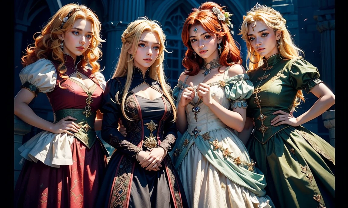 fantasy setting. close up. (((standing bunched in together:1.5))), ((3 unique lovely princesses:1.5)), unique personalities, ((each with a unique expression on face:1.5)), (((each with a unique natural hair colored:1.5))), ((red hair)), ((blond hair)), ((black hair)), (((each with unique natural eye color:1.5))), wearing elaborate tasteful flowing floral gowns, ((looking straight at the camera:1.5)), pretty castle ruins background.
