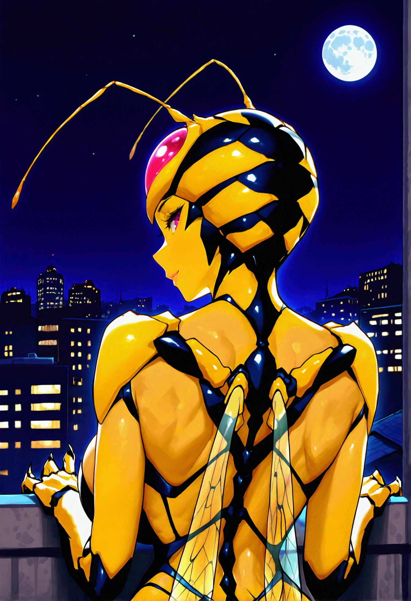 score_9,score_8_up,score_7, source anime, BREAK,1 girl, solo, mech spider girl, machine, arthropod girl, shoulder-less black mech suit, yellow skin, yellow body, long black demon_horn, insect_wings, bald, red-eyes, big large breasts honeycomb outline, black arachnid taur, wasp abdomen, midriff, night sky, post-apocalypse, crumbling city on background, late night, moon, dark alleyway, detailed face, sexy, neutral face, beautiful face, flawless face, detailed eyes, large eyes, looking at the viewer, close-up, portrait, low angle view, seductive, teasing, bedroom-eyes, first person view, front view, seductive pose, sexy pose, seducing, teasing, from behind, back, rear back,