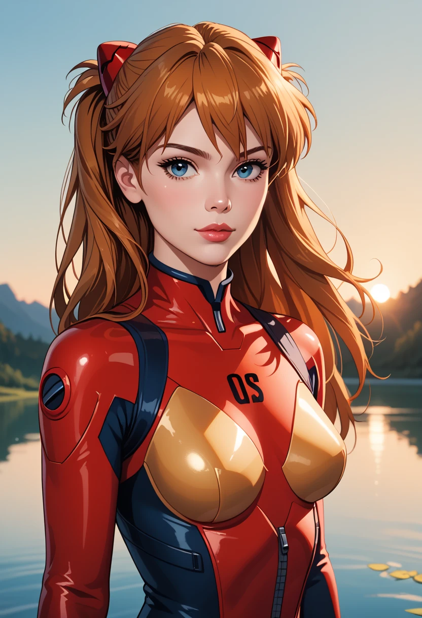 score_9, score_8_up, score_7_up, Western Comics, Portrait, Asuka Langley Soryu, cute, seductive, innocent, light smile:0.3, plump lips, slender body, long hair, floating hair, red plugsuit, sunset, lake background, depth of field, dynamic angle, fashion photography, sharp, hyperdetailed:1.15