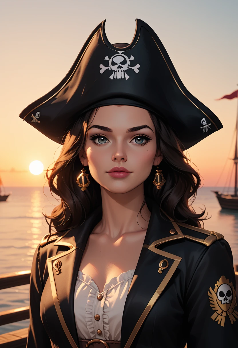 (Highest quality), (High detail), (Vibrant colors), (One girl), A cute female pirate sailing the high seas, High resolution, 4K, From head to toe,Black Flag,pirate ship,