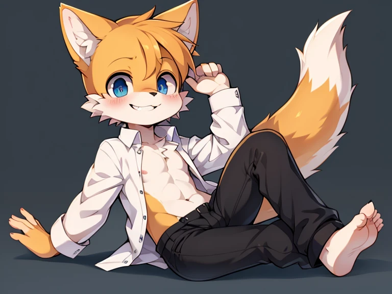 Furry boy, cute fox, short hairstyle, detailed body, open shirt, black pants, bare feet, different colored eyes, attractive smile, nice background, high quality, taste 