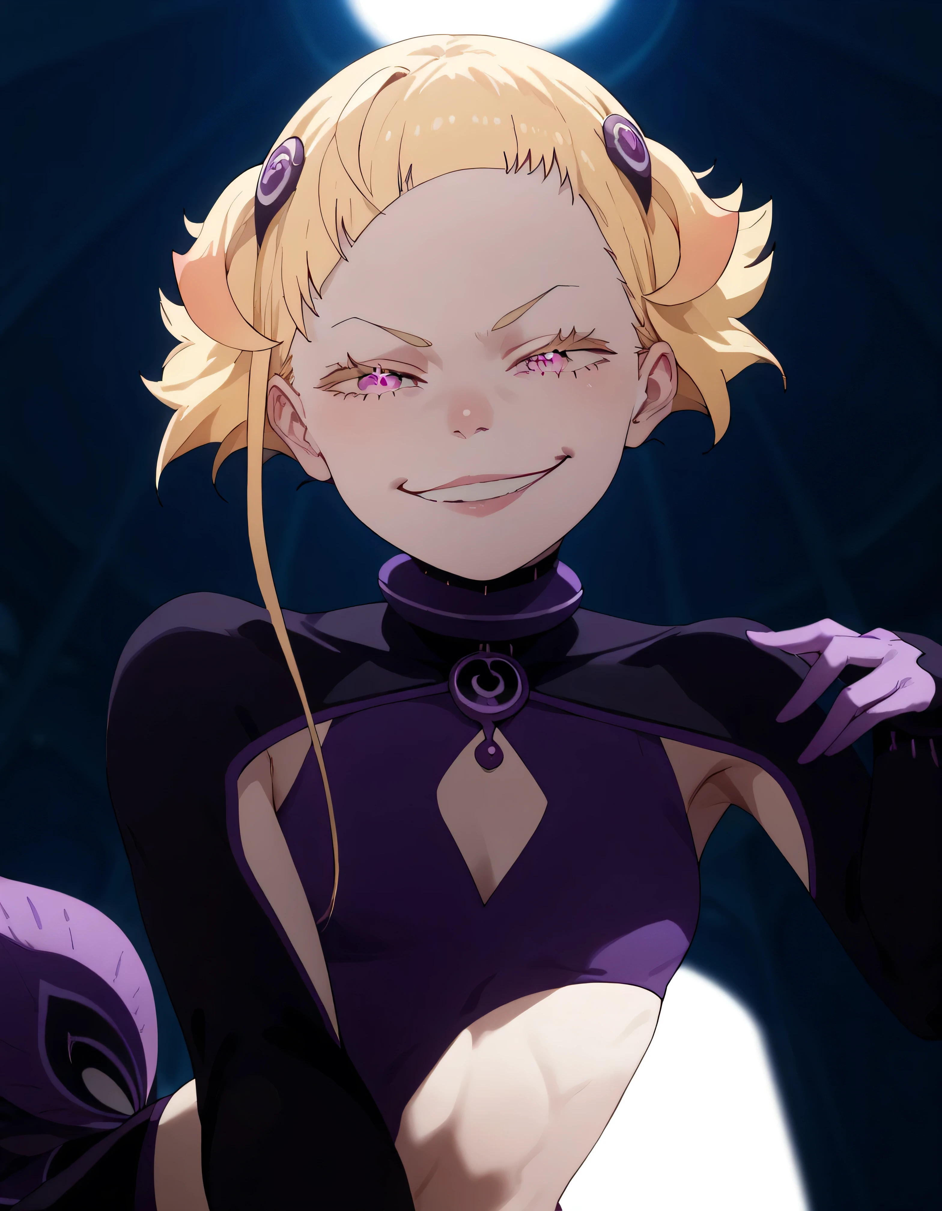 1girl, blonde hair,masterpiece , best quality,  , lookin under, ,, smile, purple brassiere, from below,evil smirk, small girl,small loli,beautiful body,villain pose,