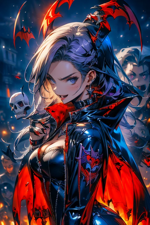 Sexy vampire woman, (( looking at viewer  )), Vampire fangs ,  red latex jumpsuit dress , black latex cape , Slim body, by the blue corto con flequillo ( by the blue), (blows), (  purple eyes), bones and skulls . calaveras, Dark atmosphere, Gothic, Intriguing.  skull background  , fog, blood, ruin