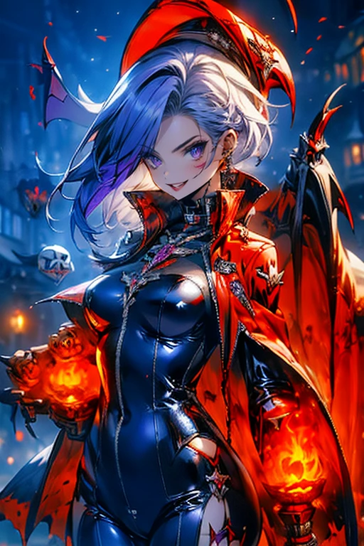 Sexy vampire woman, (( looking at viewer  )), Vampire fangs ,  red latex jumpsuit dress , black latex cape , Slim body, by the blue corto con flequillo ( by the blue), (blows), (  purple eyes), bones and skulls . calaveras, Dark atmosphere, Gothic, Intriguing.  skull background  , fog, blood, ruin