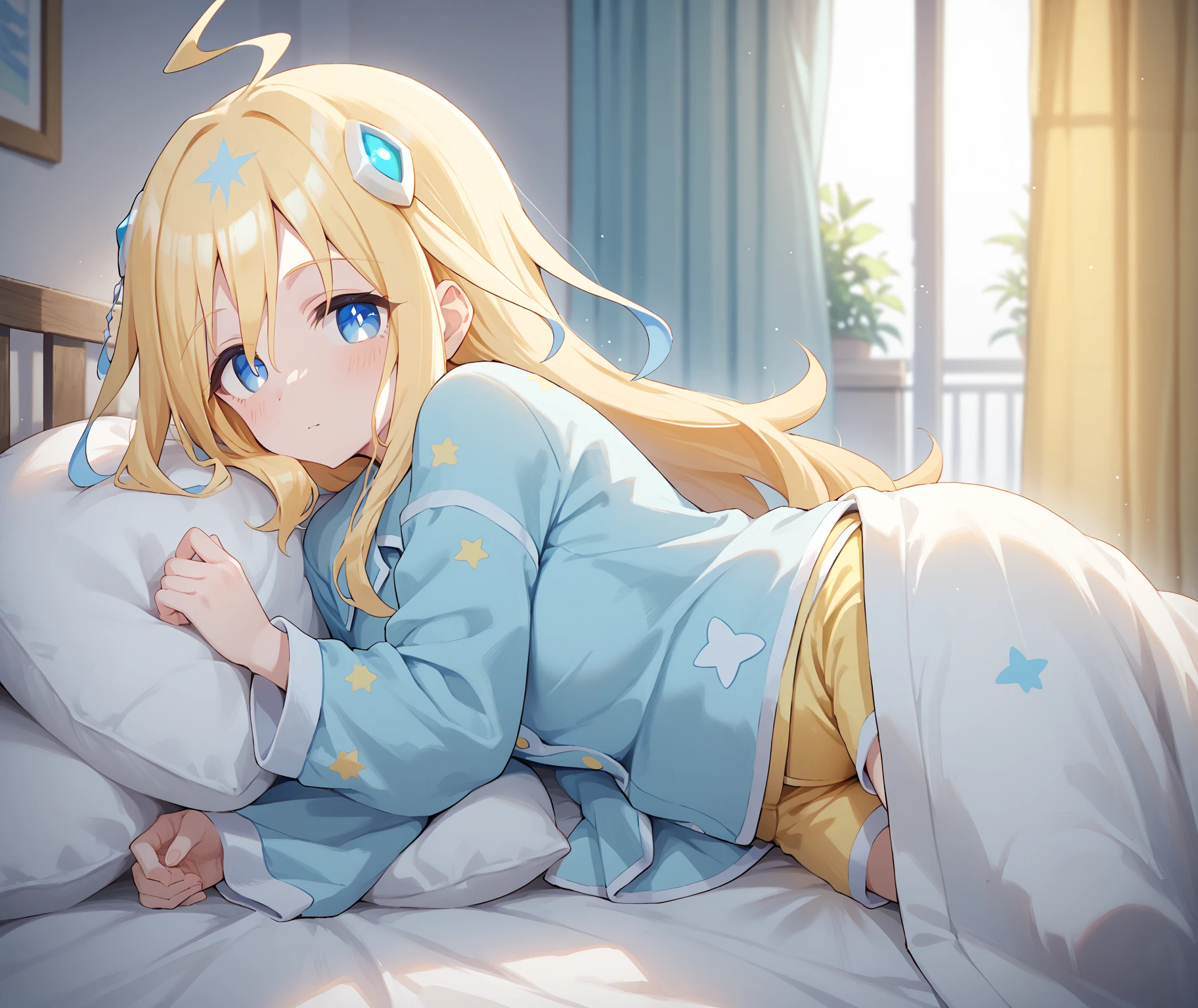 score_9,score_8_up,score_7_up,
1girl, pajamas, shorts,Neo Universe (Uma Musume Pretty Derby),solo, cowboy shot, looking at viewer,on bed, on side, lying, bed invitation, blanket, from side, under covers, curtains,
