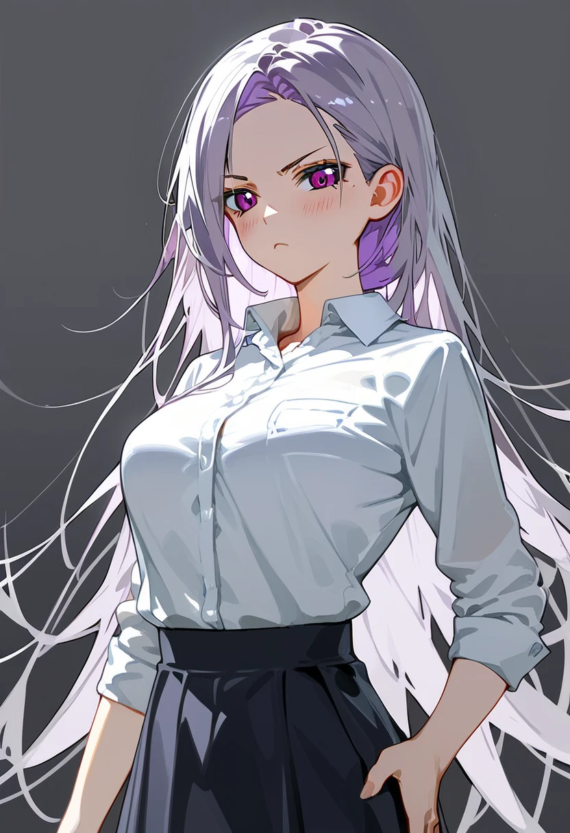 Masterpiece, best quality, zoom out, score_9, score_8_up, score_7_up, 1girl, solo, white hair, long hair, sidelocks, parted bangs, pale purple hair, wearing a shirt, collared shirt, Arachne, white spider body, spider lower body, medium breasts, serious, blush, narrowed eyes, hand on own hip, cowboy shot, gray background, simple background