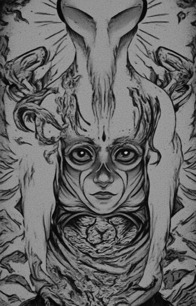 cyborg woman, half robot and half human, right eye is human and is crying, left eye is wide open and is composed of clock arrows, mouth half open, scared expression, front view