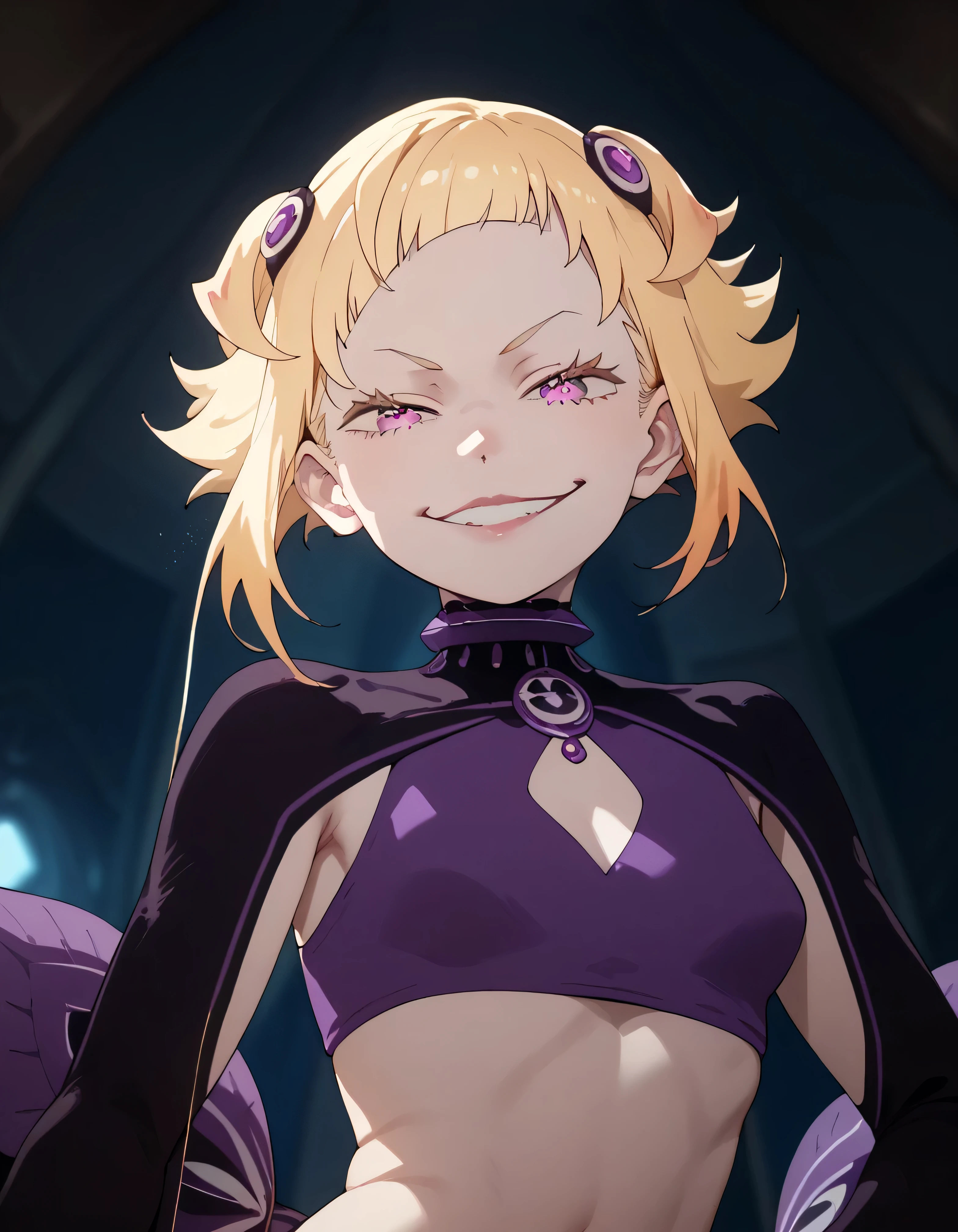 1girl, blonde hair,masterpiece , best quality,  , lookin under, ,, smile, purple brassiere, from below,evil smirk, small girl,small loli,beautiful body,villain pose,looking under,