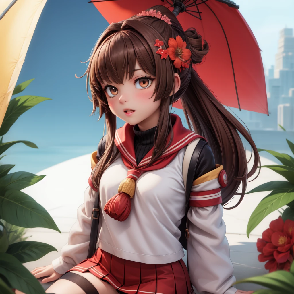 (masterpiece,  top quality:1.2), illustrations,8k, high definition , 1 girl,Alone, upper body,( portrait:1.2),length_hair, brown_hair, ponytail,hair_ ornament,flower,hair_flower,very_length_hair,big_chest, brown_eye,,hair_Betweens _eye,Detached_sleeve , skirt,umbrella,Oil paper_umbrella,red_umbrella, thigh high socks,mini skirt,black  thigh high socks,