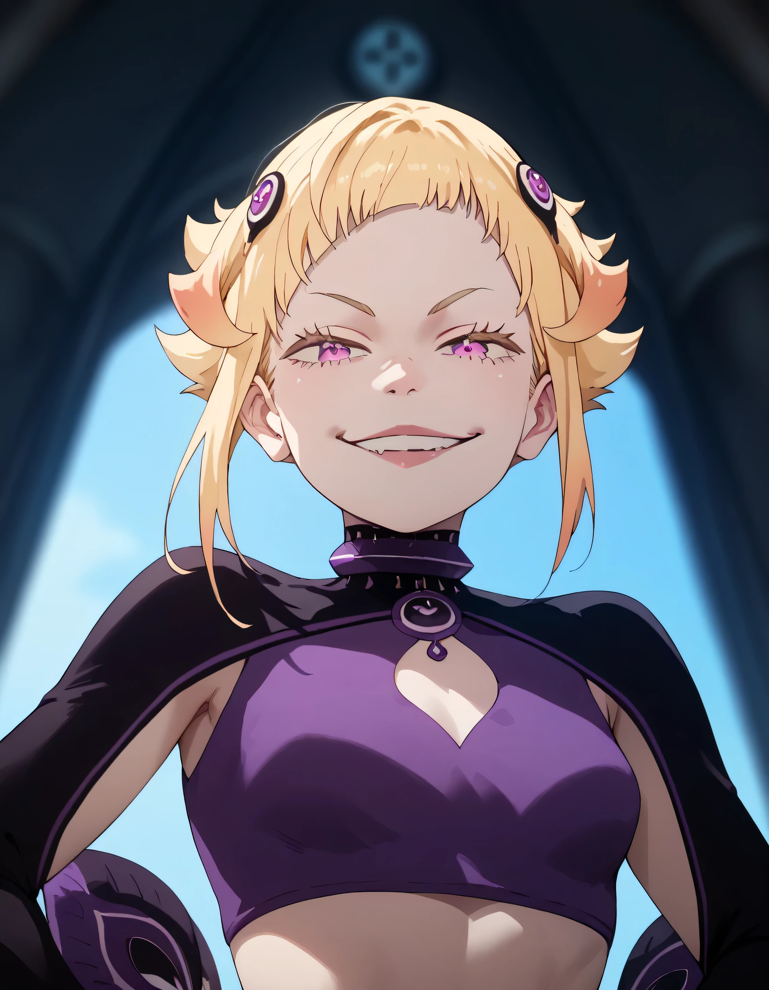 1girl, blonde hair,masterpiece , best quality,  , lookin under, ,, smile, purple brassiere, from below,evil smirk, ,small loli body,villain pose,looking under,