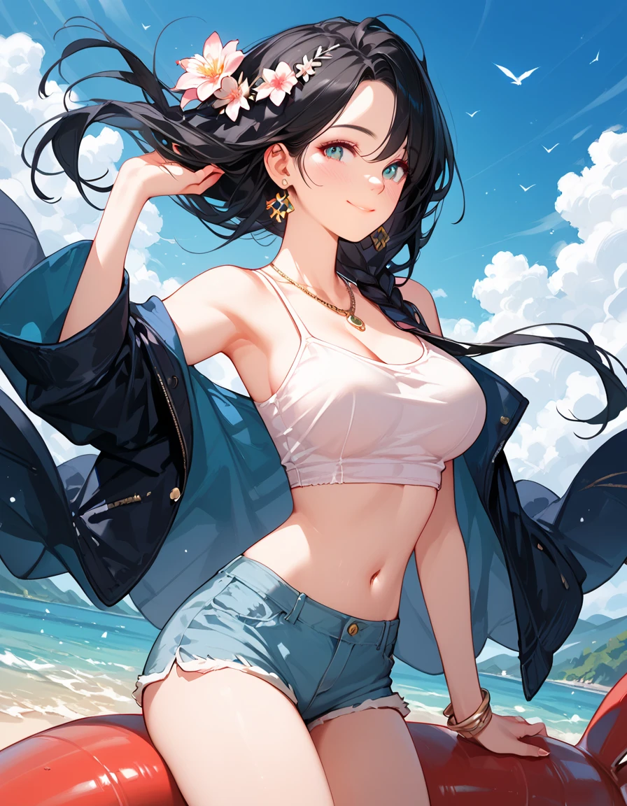 (8K、Highest quality、Highest quality、masterpiece)、Detailed face、One Girl、(Brown Skin:1.2)、Long Hair、Red Eyes、Serious、(Bikini top Only、BikiniTop、Bikini Top、Denim hot shorts、Open Shorts、Unziped shorts、Mini jeans Shorts、No Panties、NoPanties、Spread pussy、heart cutout)、labia view、Beach、cloud、vagina、Pussy Lip、Wedgie between Pussy Lips、Big Breasts