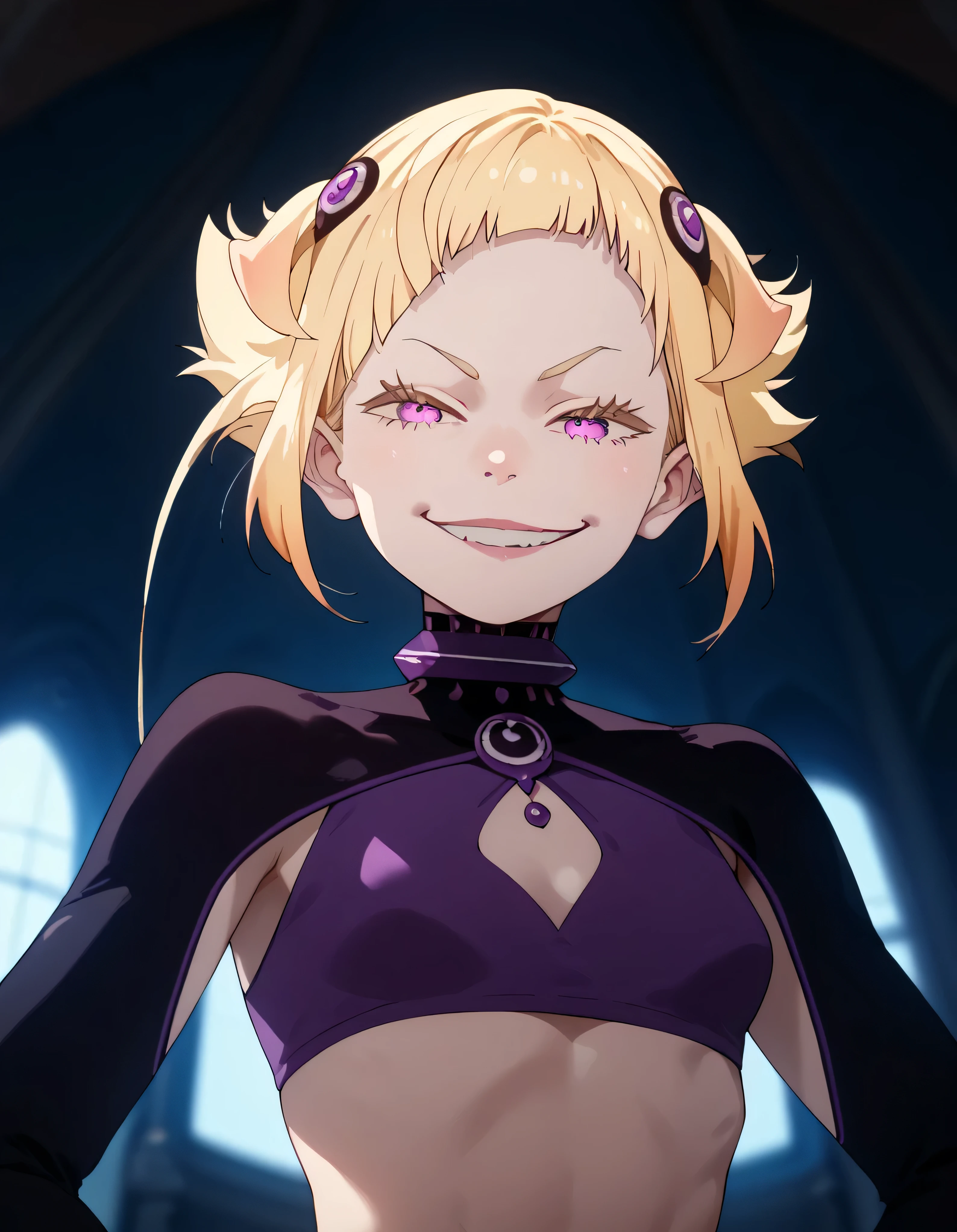 1girl, blonde hair,masterpiece , best quality,  , lookin under, ,, smile, purple brassiere, from below,evil smirk, small girl,small loli,beautiful body,villain pose,looking under,