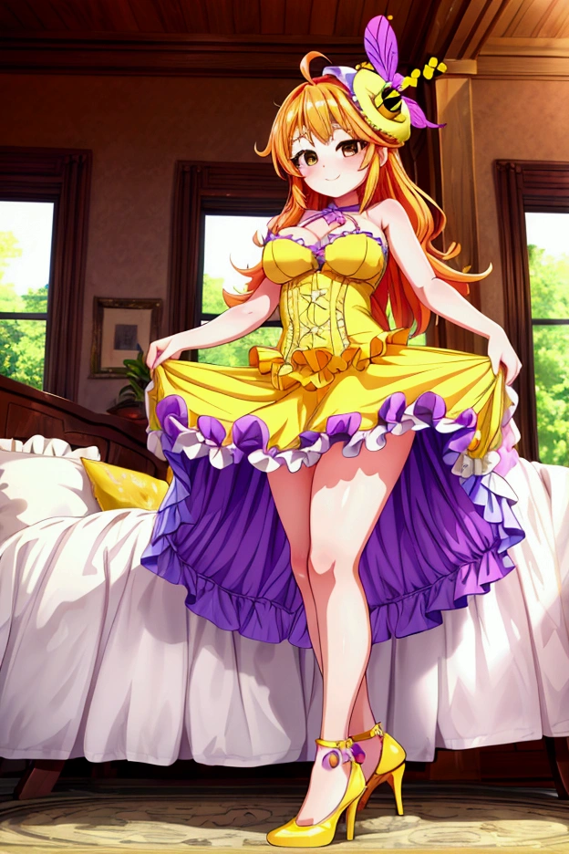 (masterpiece, best quality) standing, indoor, intricate detail, sunlight, yellow and purple frilly dress, purple and yellow heels shoes, orange hair, cute bee hat, brown dark eyes, smiley face, sexy pose, coquette, gorgeous legs, mature teenager body, lovely, gorgeous body, pronounced breasts