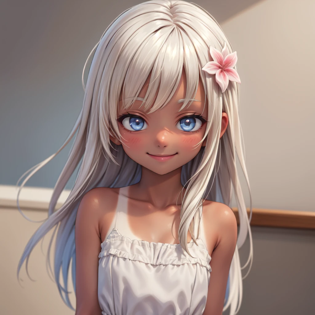 ((masterpiece, top quality)),  absurd, Alone,  1 girl,  upper body, looking at viewer, smile, RO500,  long hair, hair flower,  tan, Sera Clothing, Dark Skin,
