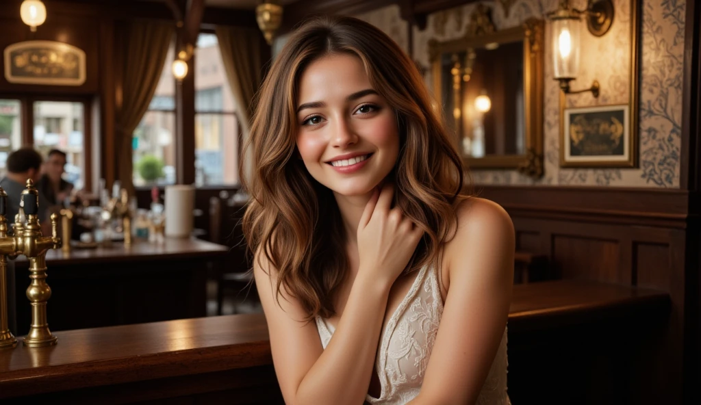 full body shot of a beautiful woman, photo shoot in a Britsh pub, she's beautiful. She's to happy with good lighting shot on Kodak gold