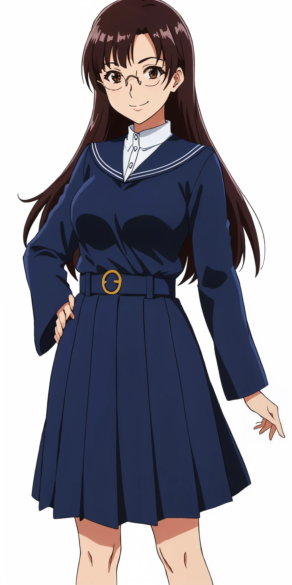 Young woman drawn in 80’s anime art style. 
Retro anime. Vintage Anime. Classical Anime. 
Black Dark Brown HAIR
Pompadour Hair
(Round Glasses)
(Round and Circle eyes)
(Light Brown eyes)
(Medium Sized Eyebrows)
(Freckles on Cheek)
(Light Tan Woman)
(Medium Breast)
Seductive Smile

She is wearing a sailor fuku (セーラー服, sērā fuku, sailor outfit) is a common japanese style of uniform worn by women, traditionally by high school female students. 

The uniform generally consists of a sailor-styled blouse attached with a (Navy blue sailor-style collar) and a Dark Navy Blue Sailor Blouse. The length of the long skirt goes down past her ankle.

A ribbon is tied in the front and laced through a loop attached to the sailor blouse. The color is the ribbon is red.

(Dark Navy Blue Sailor Shirt)
(Dark Navy Pleated Skirt)

(Solo)
(Location: High School)
(Background: High School)