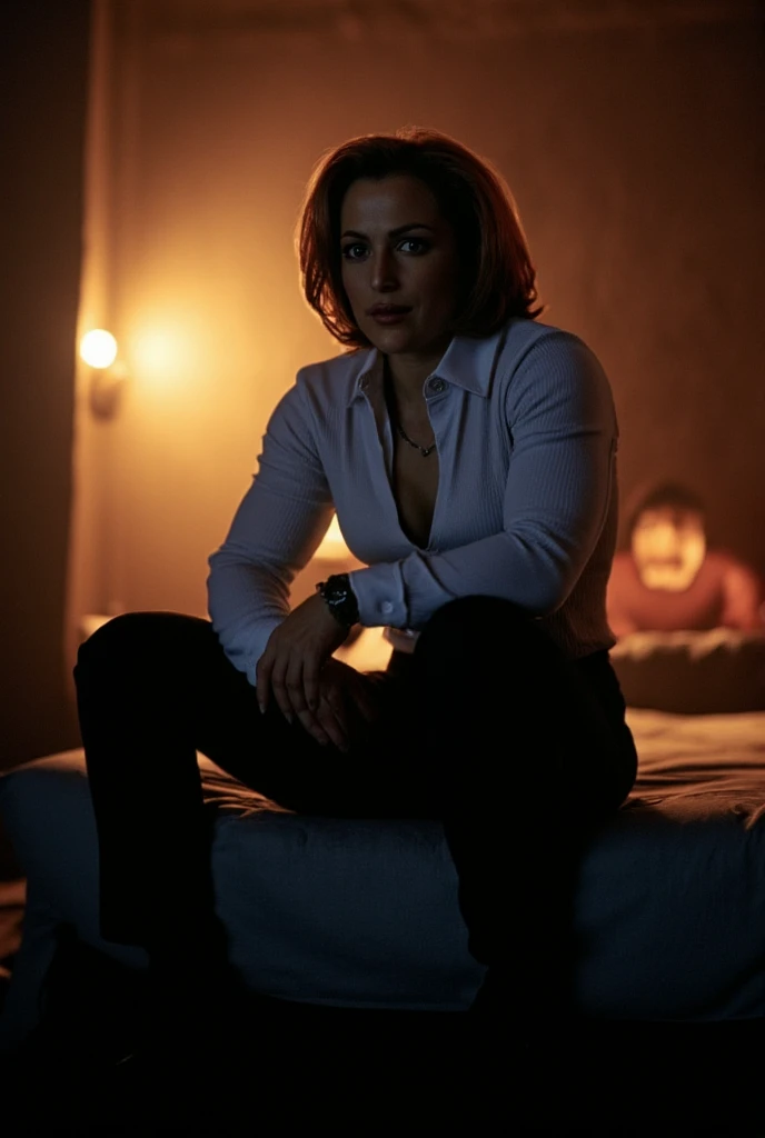 Photo realistic, movie still, Dana Scully muscle girl, MuscleMommy, sitting on bed, wearing a black formal skirt. Her white shirt is opened revealing her (6 pack abs) and cleavage, in a decaying motel room, very dark lighting, only light source is a small bedside lamp, highlighting her (visible muscles), (biceps )and 6 pack (abs), delts/shoulders