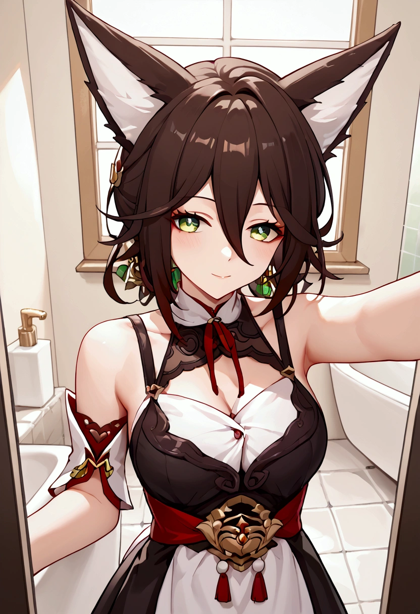 masterpiece,score_9,score_8,source_anime, TingyunBren, 1girl, solo, brown hair,long hair, animal ears, bare shoulders, hair between eyes, green eyes, fox ears, Selfie, Maid, Bathroom.