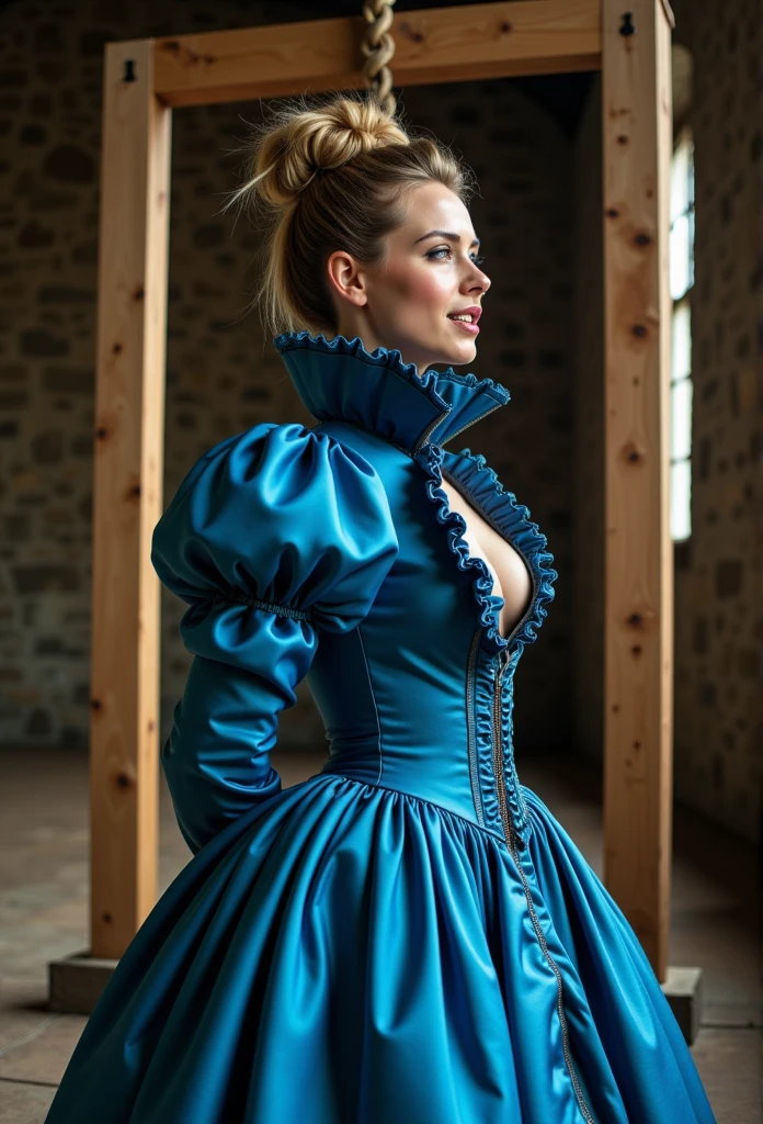 (realistic photograph close up sideways historical) (a big bust slender waist beautiful sexy looking surprised  pleased lady having an orgasm with (hair bun)), (she is wearing (an exaggerated elaborate shiny blue high neck dress with (oversized puff sleeves), (and a narrow very high reaching up to her cheeks stand-up collar) (with a gigantic ruffle on top of the collar reaching to the top of her head), (and an extremely big skirt), (she has her arms tied behind her back)++++, (she is sucking on a wide red phallus put deep into her wide open mouth by another second woman),  (she is hanged on a wooden beam gallows platform)