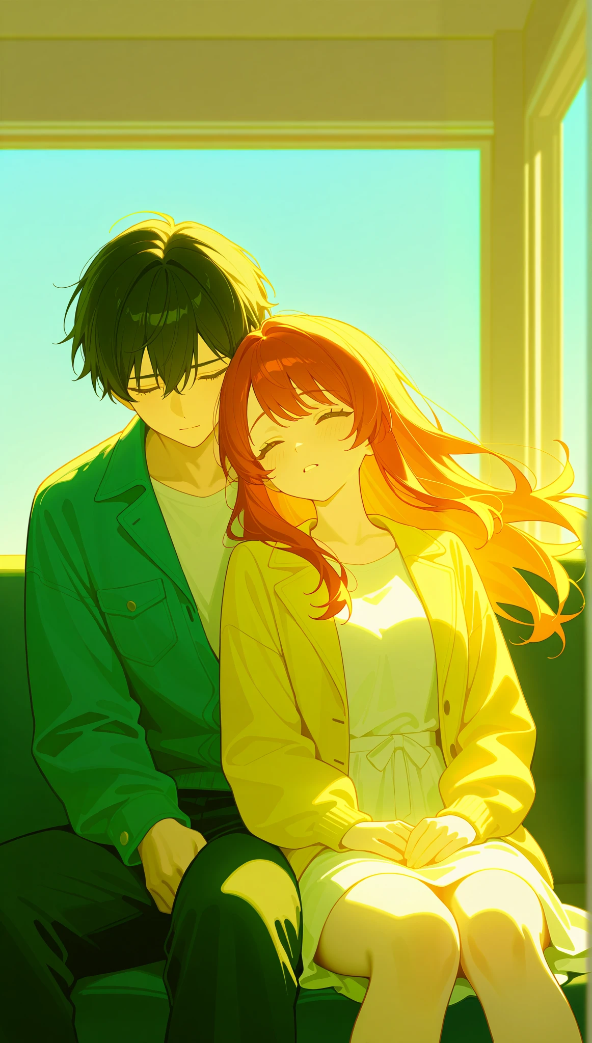 masterpiece, anime, kawaii, romantic, best quality, 2others, couple, mature, Adult, height difference, different fashion, different colors, casual clothes, Stylish Jacket, Girl Cries, Sad, love, spinning wind, blue sky, Man with long hair, Man with light brown hair, woman with Red hair, woman with black hair, In the Living Room, Sitting on Lap