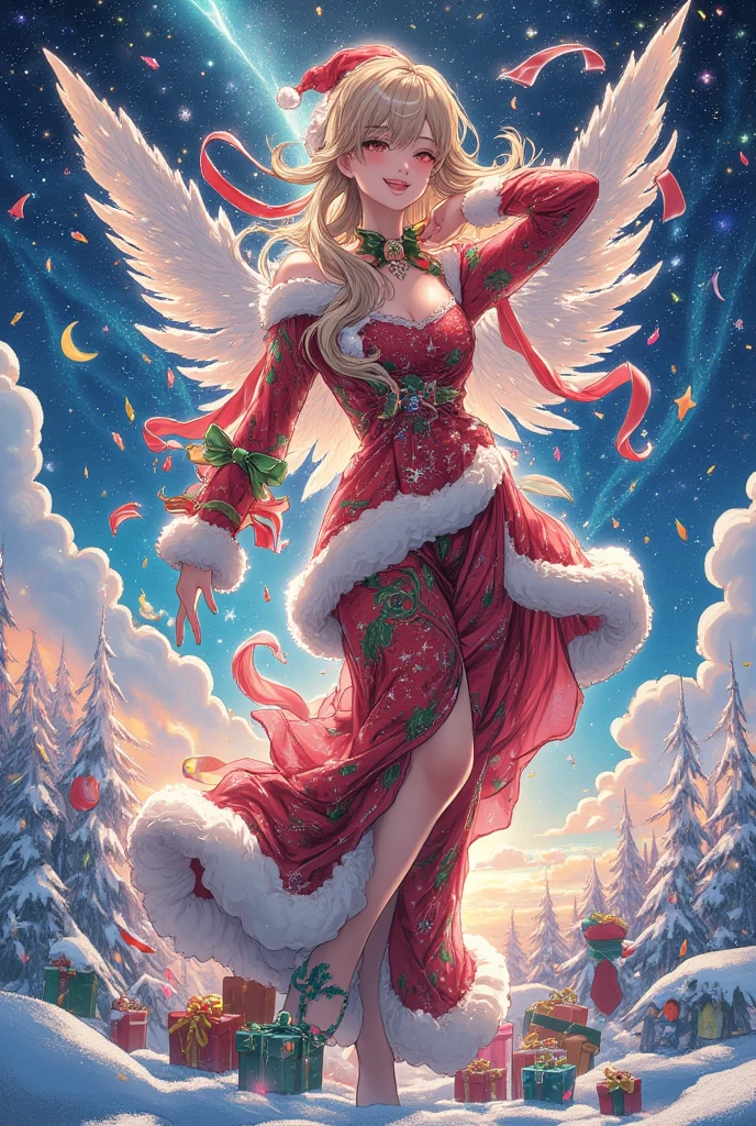 Fantasy illustration galáxia neve luzes  Christmas, art inspired by Artgerm, Brian M Viveros, Esao Andrews, dynamic up-close view, Elza frozen black gold Santa Claus with atraente corpo atraente perfect facial features in double exposure style, joyfully in stars luas throwing confetti and presents, billowing ribbons accentuating her dynamic pose, adorned in vivid Christmas attire, surrounded by bioluminescent contrails and a patchwork of Christmas lights, ornaments, and trees in sharp focus, elements