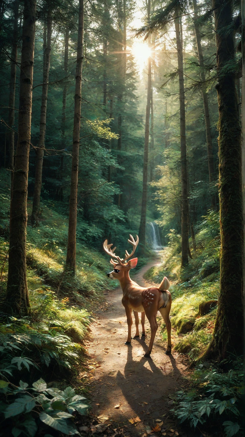 Create a picture of a deer standing in the forest that is green and the sun shines through the leaves 