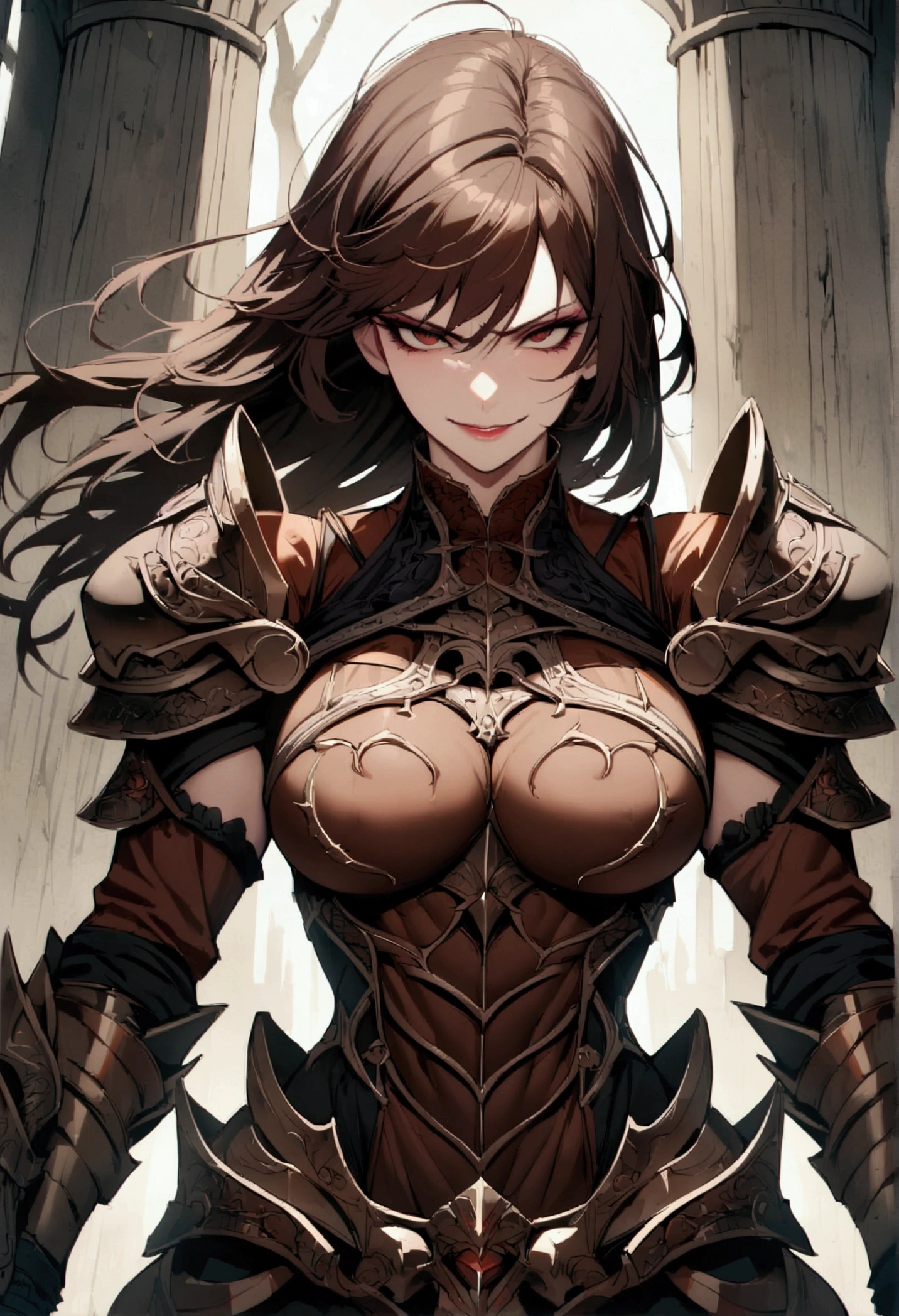 1female, brown hair, messy hair, stitches on arm, stitches on face, black sclera, black gauntlets, armor, evil expression, armored hall