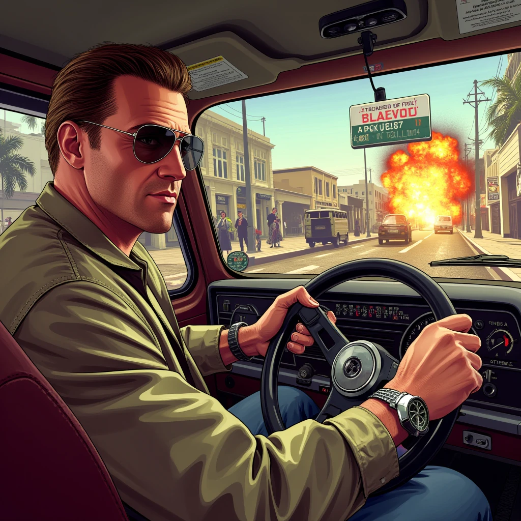 GTA artwork
Male character, portrayed as a cool-headed strategist, is shown directing a heist from a stylish van with an intricate map on the dashboard. Wearing aviator sunglasses and a casual jacket, he confidently leads a diverse crew of skilled thieves while the backdrop highlights the bustling streets of Rio de Janeiro. filled with chaos and colorful explosions.























